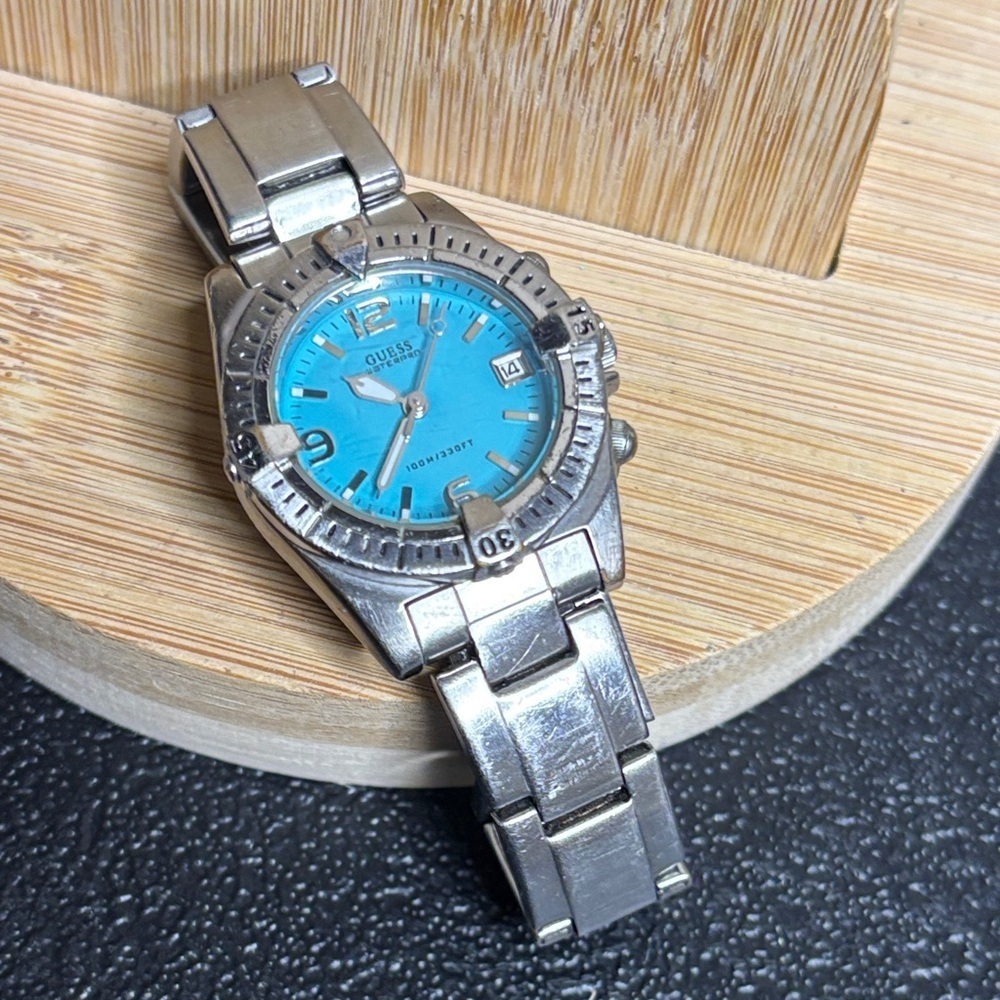 Vintage Guess Tiffany Blue Dial Stainless Steel Silver Waterpro Watch Needs 🔋